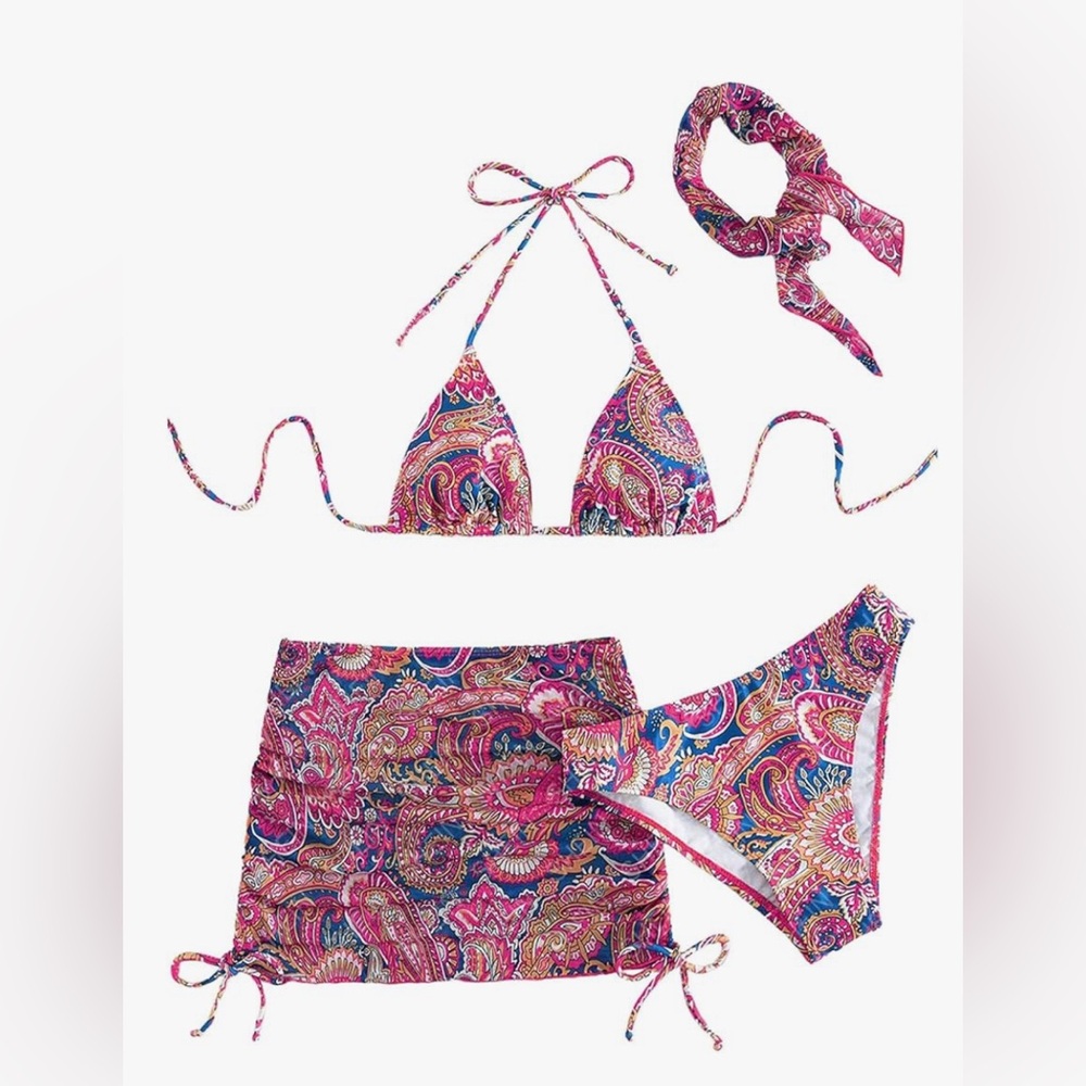 4 Piece Swimsuits Halter Triangle Bikini Sets with Mesh Cover Up Skirt & Bandana